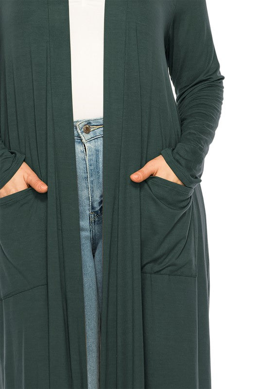 Solid Duster Cardigan Plus Size Loose Fit Open Front Long Sleeves Side Pockets