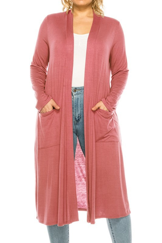 Solid Duster Cardigan Plus Size Loose Fit Open Front Long Sleeves Side Pockets