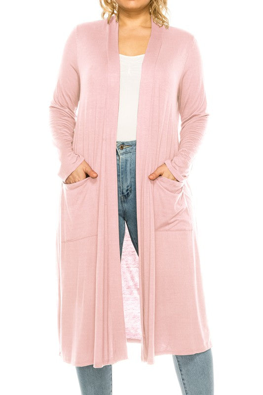 Solid Duster Cardigan Plus Size Loose Fit Open Front Long Sleeves Side Pockets