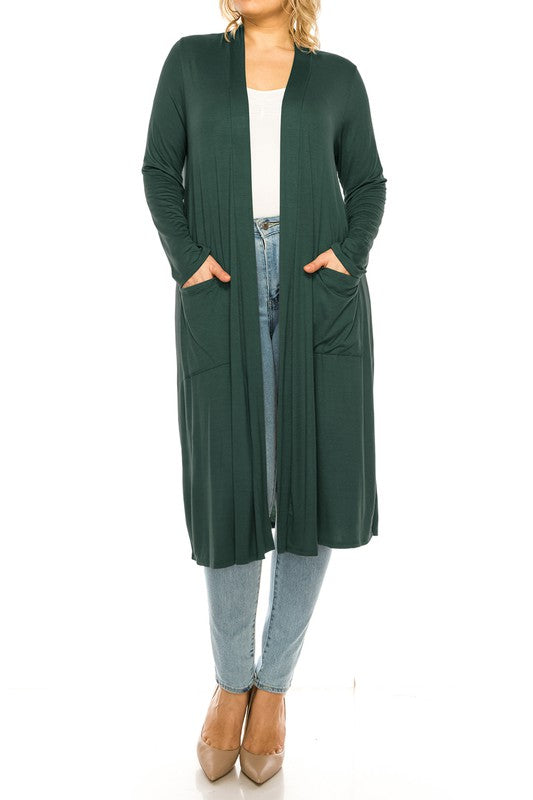 Solid Duster Cardigan Plus Size Loose Fit Open Front Long Sleeves Side Pockets