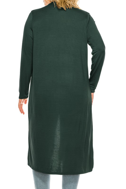 Solid Duster Cardigan Plus Size Loose Fit Open Front Long Sleeves Side Pockets