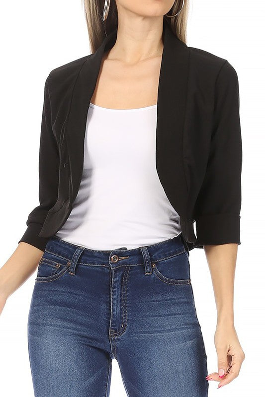Solid Waist-Length Collarless Blazer Cardigan - Open Front, Cuffed Sleeves