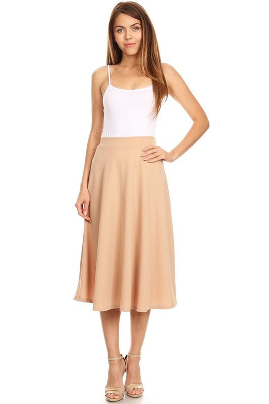 Solid High Waisted A-Line Midi Skirt with Elastic Waist - Elegant and Comfortable
