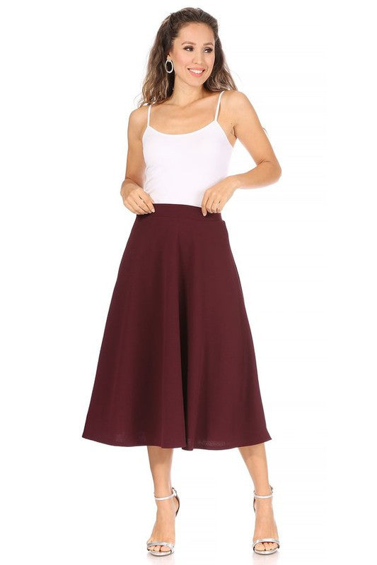 Solid High Waisted A-Line Midi Skirt with Elastic Waist - Elegant and Comfortable