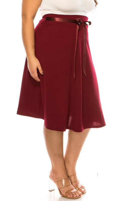 Plus Size Solid A-Line Knee Length Skirt with Waist Bow Tie Accent