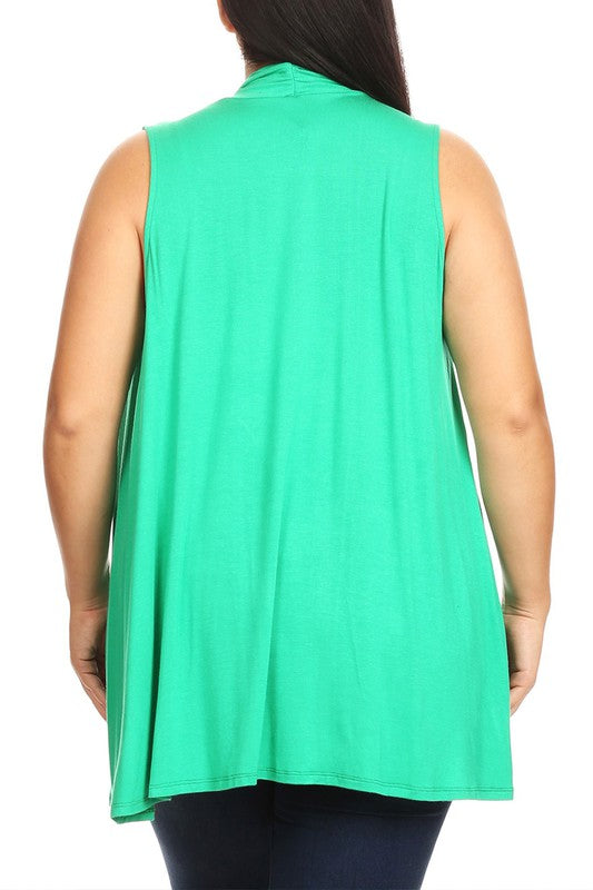 Solid Open Front Vest - Loose Fit, Long Body, Draped Neck, Asymmetrical Hem