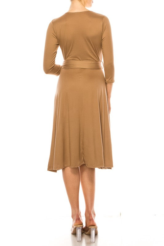 Solid Faux Wrap Dress - Deep V-Neck & Waist Tie