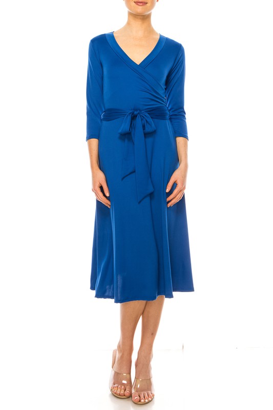 Solid Faux Wrap Dress - Deep V-Neck & Waist Tie