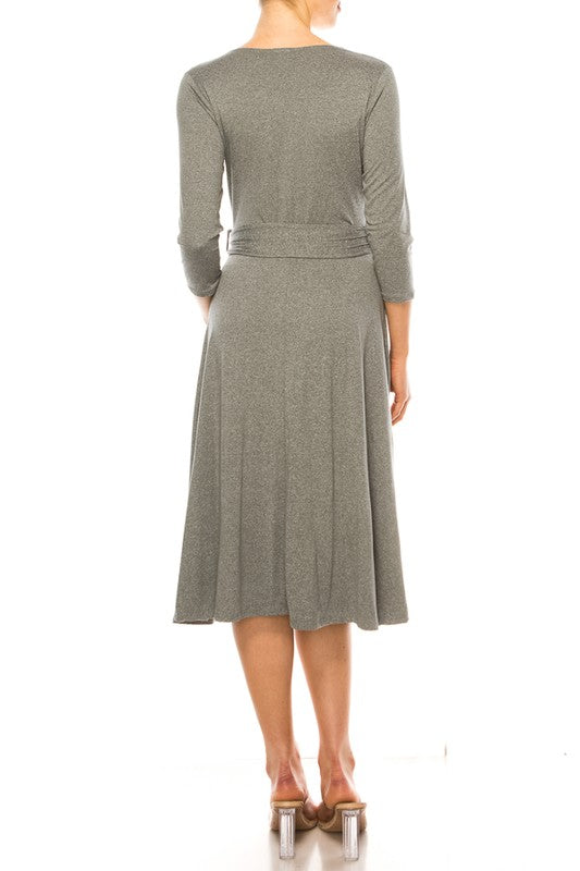 Solid Faux Wrap Dress - Deep V-Neck & Waist Tie