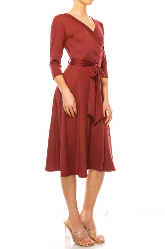 Solid Faux Wrap Dress - Deep V-Neck & Waist Tie