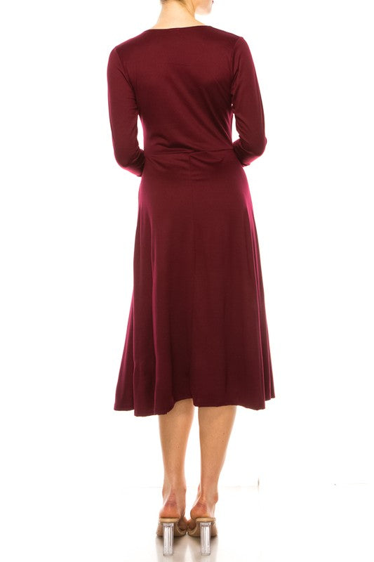 Solid Faux Wrap Dress - Deep V-Neck & Waist Tie