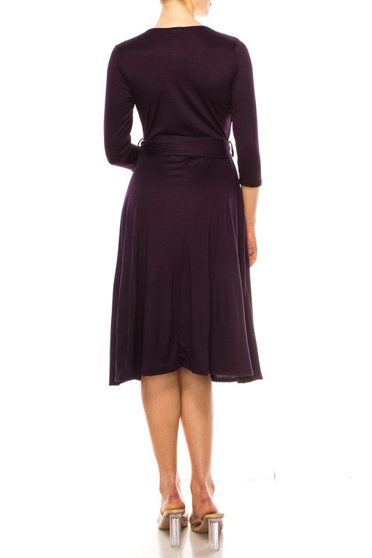 Solid Faux Wrap Dress - Deep V-Neck & Waist Tie