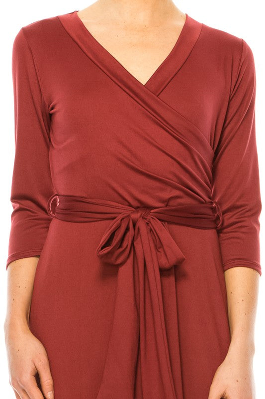 Solid Faux Wrap Dress - Deep V-Neck & Waist Tie