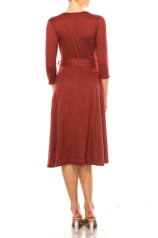 Solid Faux Wrap Dress - Deep V-Neck & Waist Tie