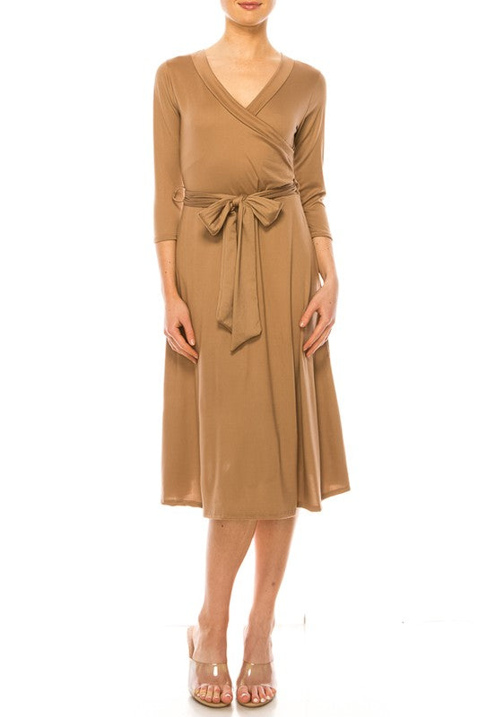 Solid Faux Wrap Dress - Deep V-Neck & Waist Tie