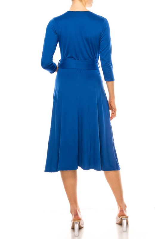 Solid Faux Wrap Dress - Deep V-Neck & Waist Tie