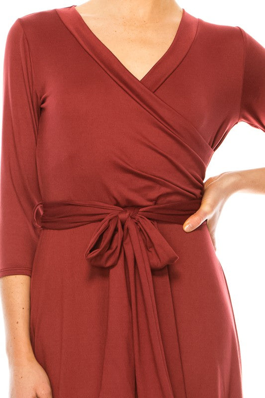 Solid Faux Wrap Dress - Deep V-Neck & Waist Tie