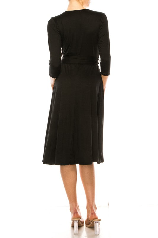 Solid Faux Wrap Dress - Deep V-Neck & Waist Tie