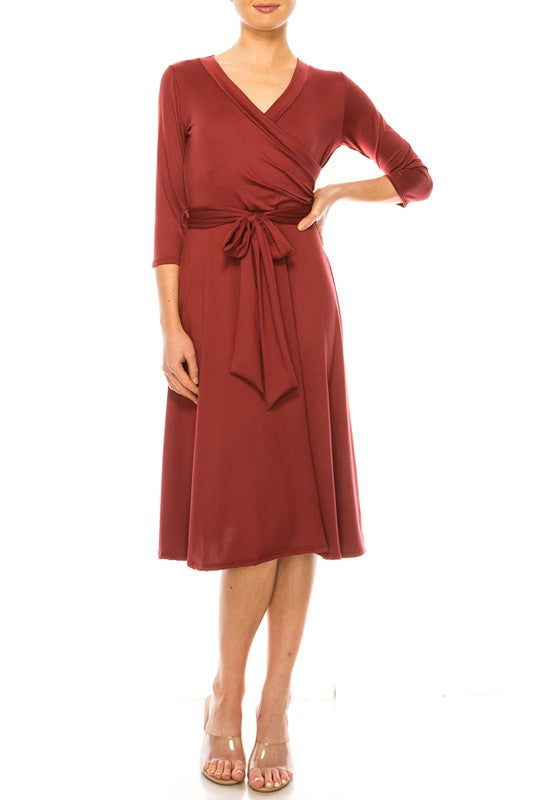 Solid Faux Wrap Dress - Deep V-Neck & Waist Tie