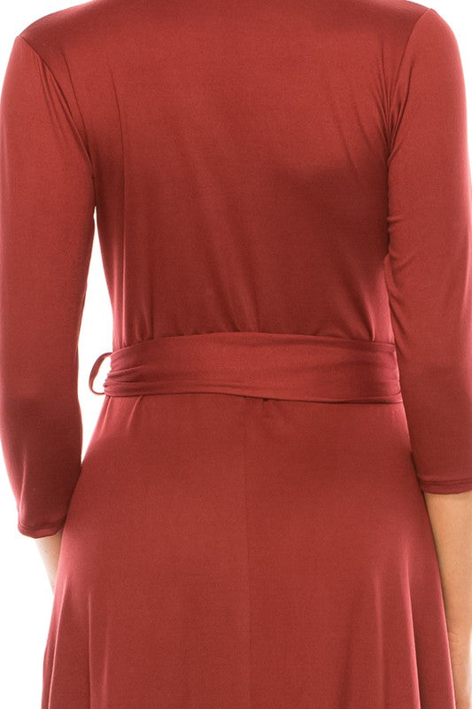 Solid Faux Wrap Dress - Deep V-Neck & Waist Tie