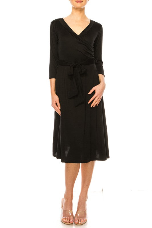 Solid Faux Wrap Dress - Deep V-Neck & Waist Tie