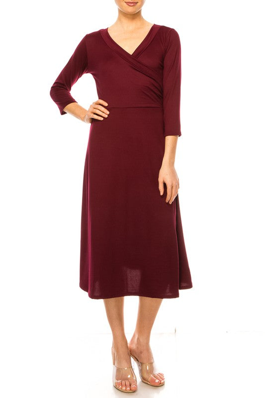 Solid Faux Wrap Dress - Deep V-Neck & Waist Tie