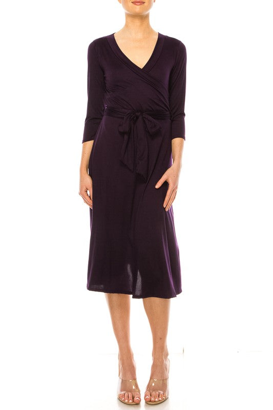 Solid Faux Wrap Dress - Deep V-Neck & Waist Tie