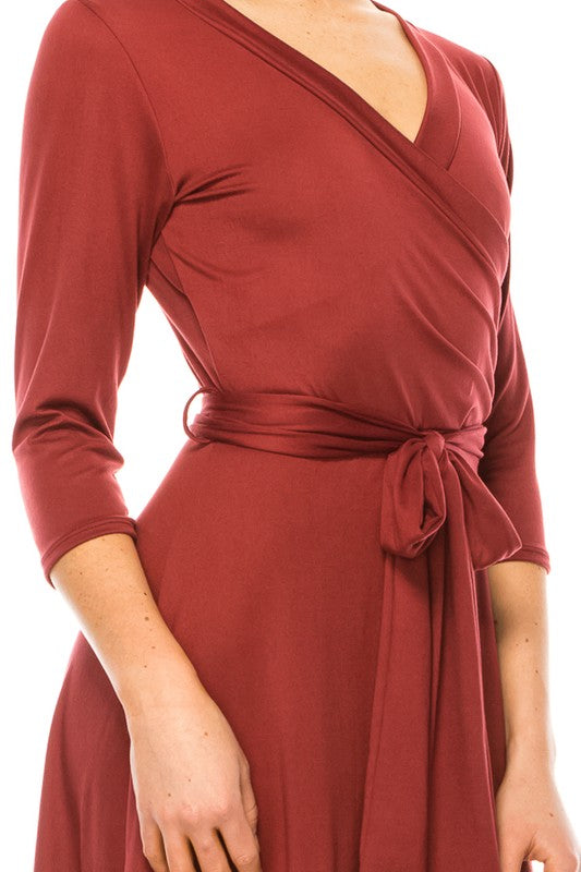 Solid Faux Wrap Dress - Deep V-Neck & Waist Tie