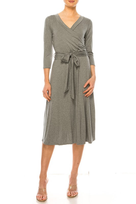 Solid Faux Wrap Dress - Deep V-Neck & Waist Tie