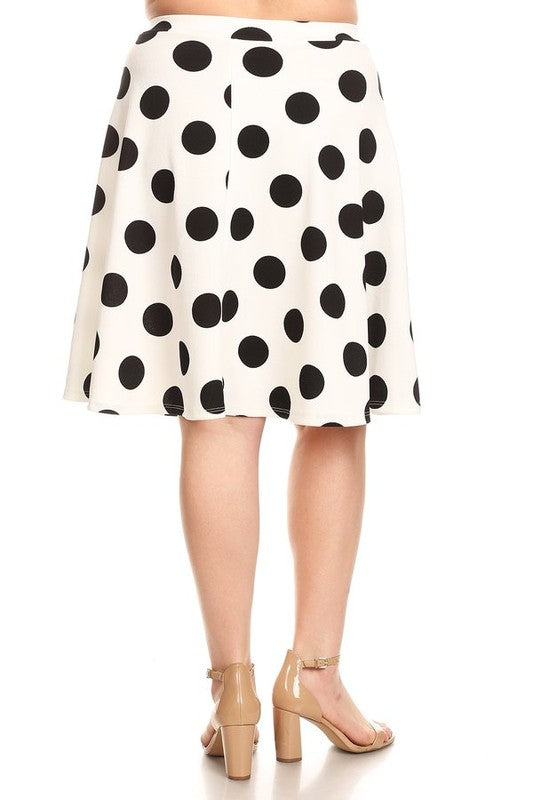 Polka Dot High Waisted Knee Length Skirt - A-Line Silhouette, Elastic Waistband