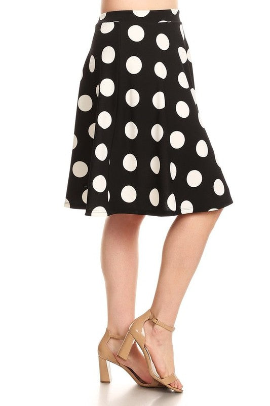 Polka Dot High Waisted Knee Length Skirt - A-Line Silhouette, Elastic Waistband