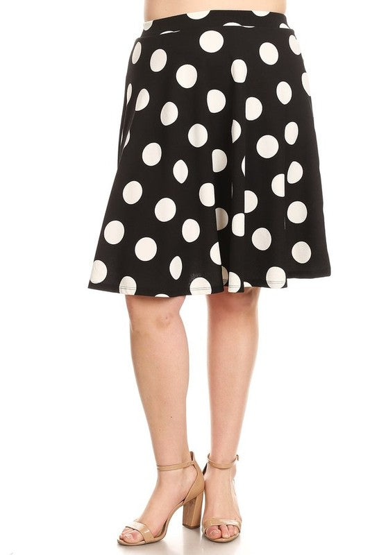 Polka Dot High Waisted Knee Length Skirt - A-Line Silhouette, Elastic Waistband