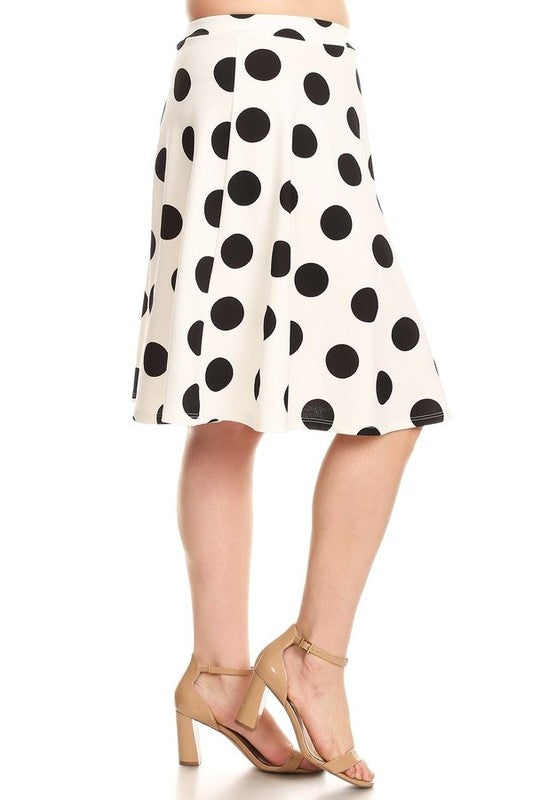 Polka Dot High Waisted Knee Length Skirt - A-Line Silhouette, Elastic Waistband