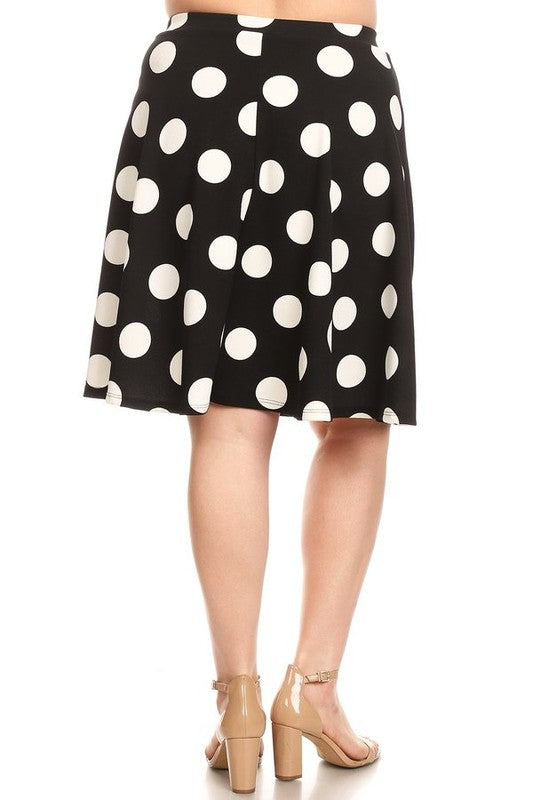Polka Dot High Waisted Knee Length Skirt - A-Line Silhouette, Elastic Waistband