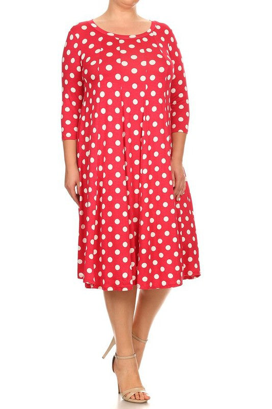 Polka Dot Midi Dress - Relaxed Fit, A-Line, 3/4 Sleeves