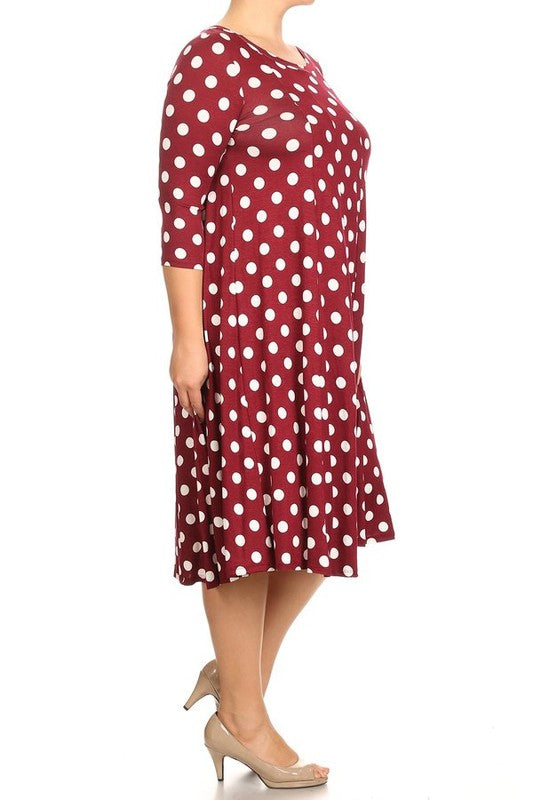 Polka Dot Midi Dress - Relaxed Fit, A-Line, 3/4 Sleeves