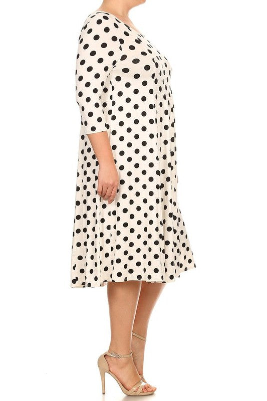Polka Dot Midi Dress - Relaxed Fit, A-Line, 3/4 Sleeves