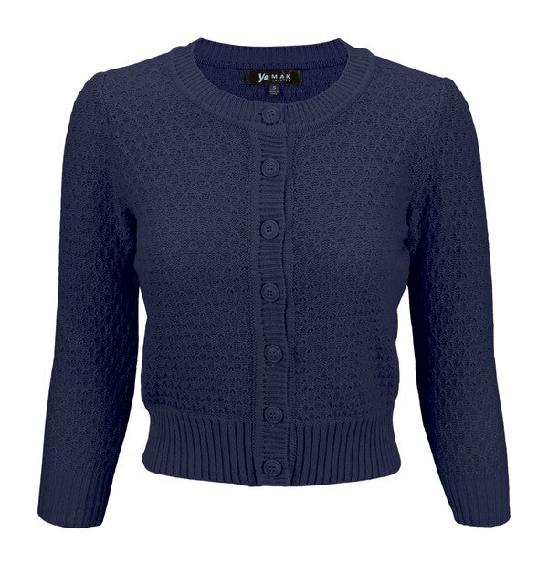 Cute Pattern Cropped Cardigan Sweater 3/4 Sleeve