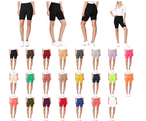 Solid High Waist Biker Shorts - Elastic Waist, Comfortable Fit