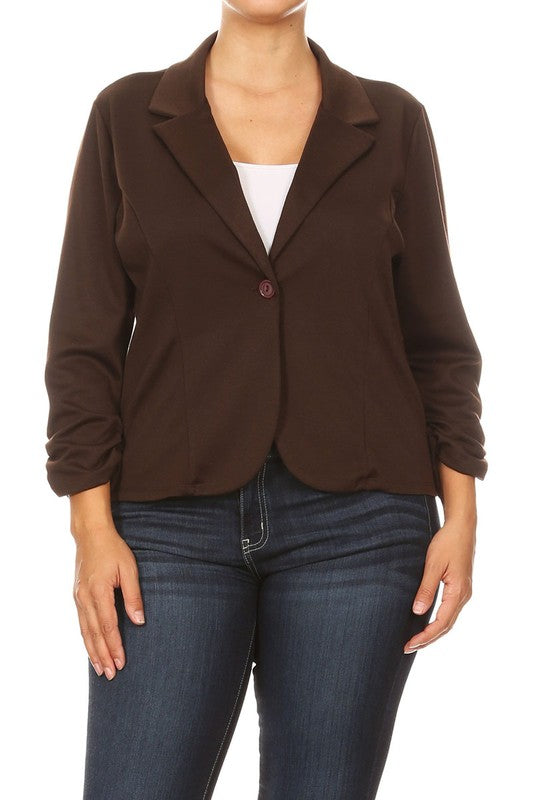 Plus Size Waist Length Blazer - Fitted Style with Button Closure and Ruched Sleeves