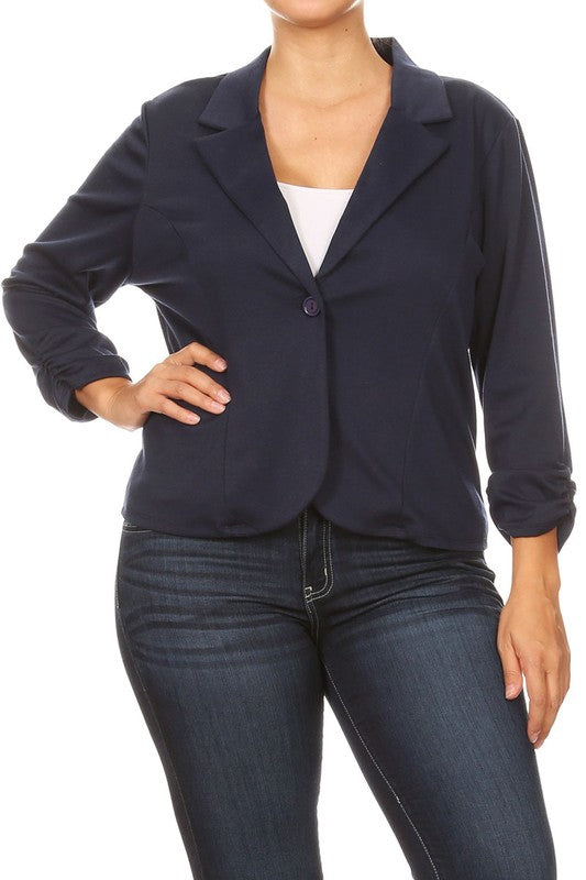Plus Size Waist Length Blazer - Fitted Style with Button Closure and Ruched Sleeves