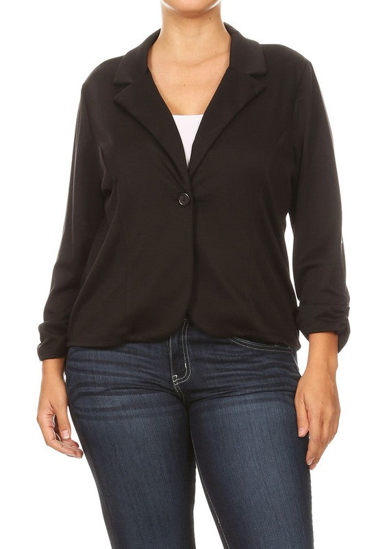 Plus Size Waist Length Blazer - Fitted Style with Button Closure and Ruched Sleeves