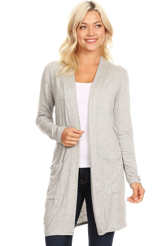 MOA Collection Loose Fit Knee-Length Duster Cardigan with Open Front & Pockets