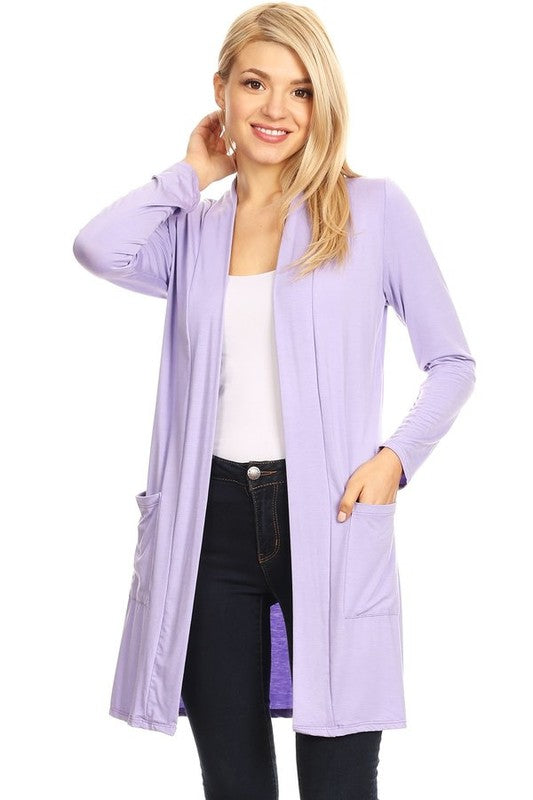 MOA Collection Loose Fit Knee-Length Duster Cardigan with Open Front & Pockets