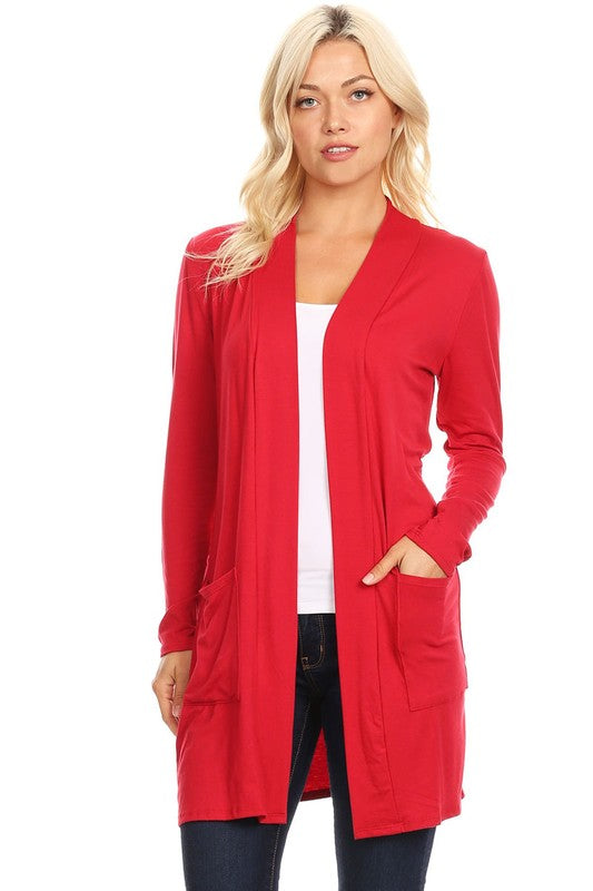 MOA Collection Loose Fit Knee-Length Duster Cardigan with Open Front & Pockets