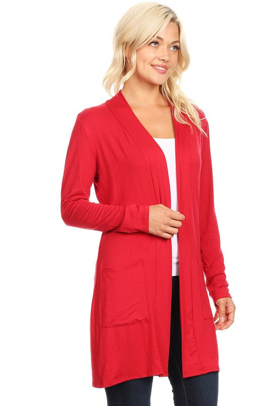 MOA Collection Loose Fit Knee-Length Duster Cardigan with Open Front & Pockets