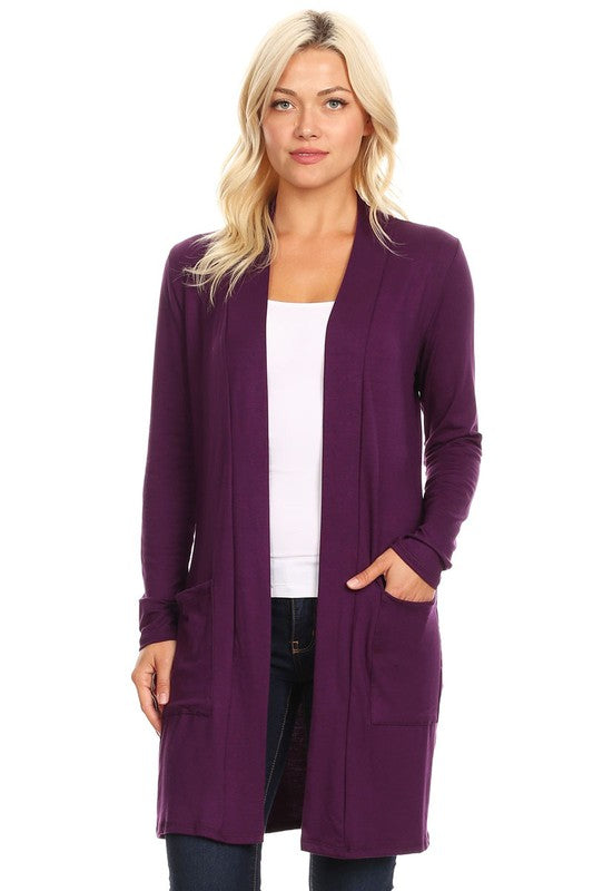 MOA Collection Loose Fit Knee-Length Duster Cardigan with Open Front & Pockets