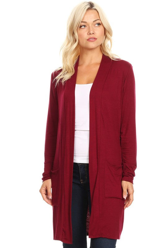 MOA Collection Loose Fit Knee-Length Duster Cardigan with Open Front & Pockets