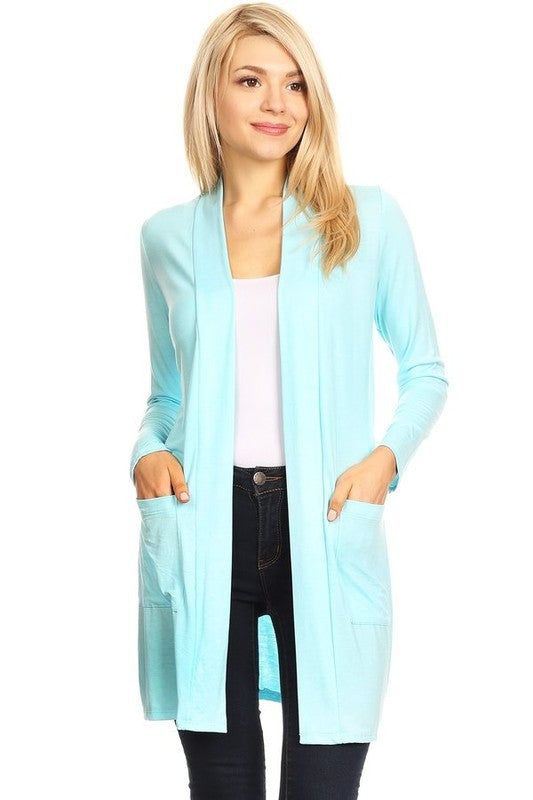 MOA Collection Loose Fit Knee-Length Duster Cardigan with Open Front & Pockets