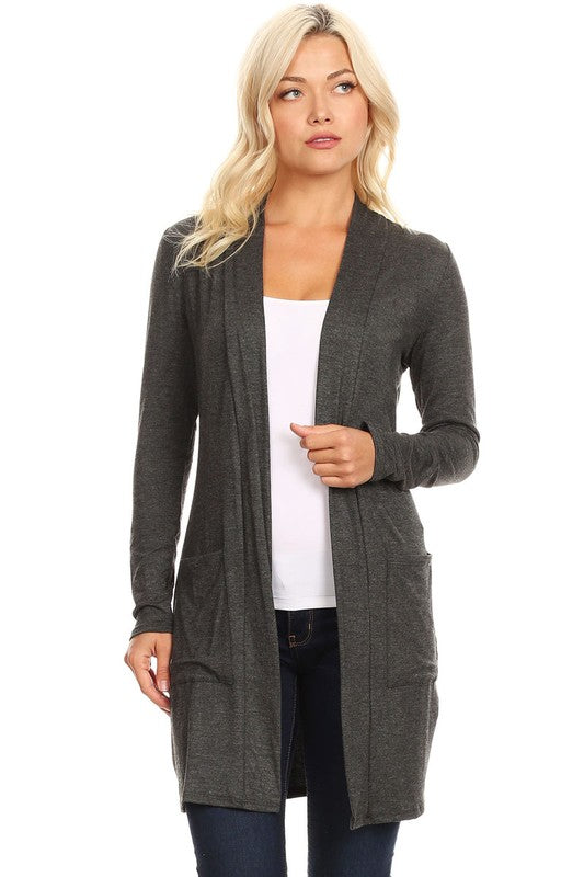 MOA Collection Loose Fit Knee-Length Duster Cardigan with Open Front & Pockets